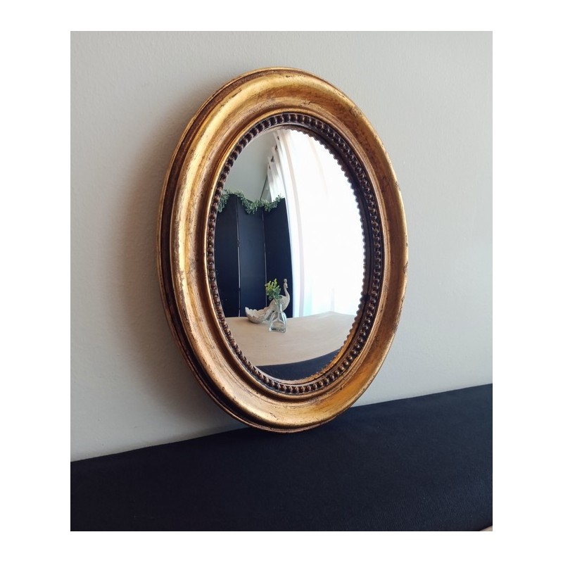 Miroir de sorcière ovale bord perlé or antique (Taille S)