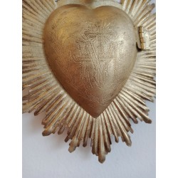 Décoration ex voto boîte reliquaire métal / Coeur sacré religieux