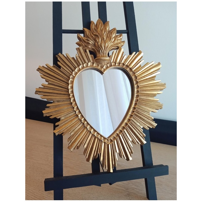 Miroir ex voto coeur soleil doré 30cm - taille S