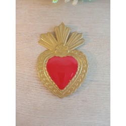 Décoration ex voto coeur et fleur émaillé rouge en métal