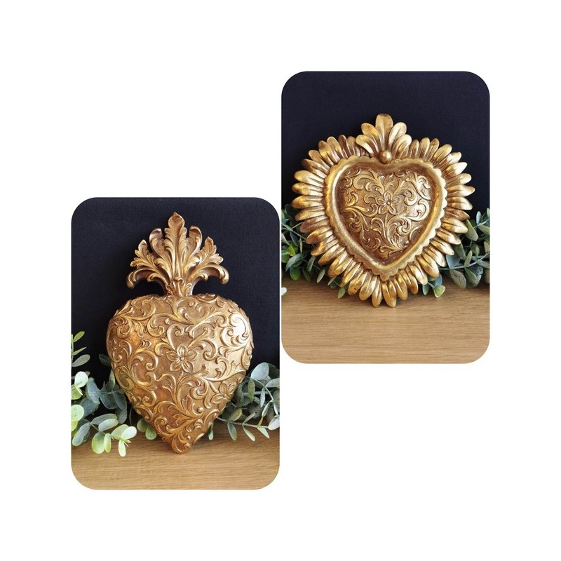 Duo décorations ex voto coeur floraux dorés
