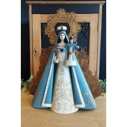 Vierge à l'enfant artisanale à arrière décoré et auréole