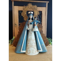 Vierge à l'enfant artisanale à arrière décoré et auréole