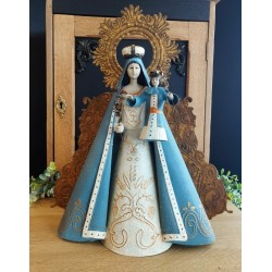 Vierge à l'enfant artisanale à arrière décoré et auréole