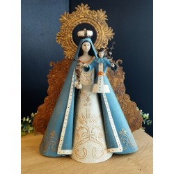 Vierge à l'enfant artisanale à arrière décoré et auréole