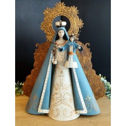 Vierge à l'enfant artisanale à arrière décoré et auréole