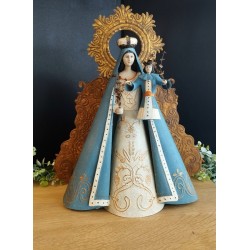 Vierge à l'enfant artisanale à arrière décoré et auréole