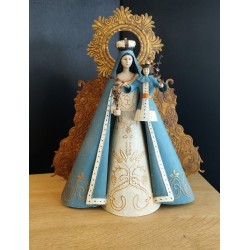 Vierge à l'enfant artisanale à arrière décoré et auréole