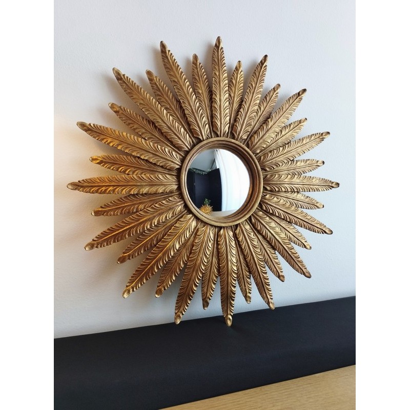 Miroir de sorcière soleil plumes doré ø38