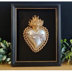 Cadre ex voto noir, doré et argenté fond velours / Coeur sacré