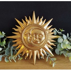 Décoration murale soleil et lune visage dorée ø15