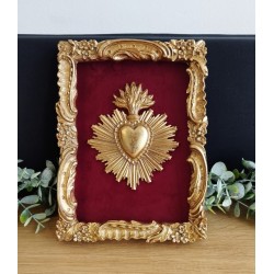 Cadre ex voto rouge et doré fond velours / Coeur sacré