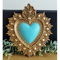 Décoration murale ex voto coeur fleur de lys turquoise