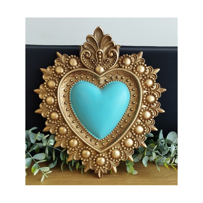 Décoration murale ex voto coeur fleur de lys turquoise