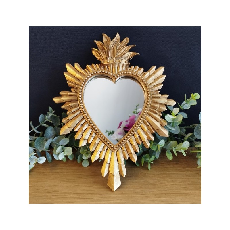 Miroir ex voto coeur et flamme doré