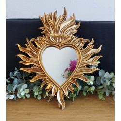 Miroir ex voto coeur flamboyant doré
