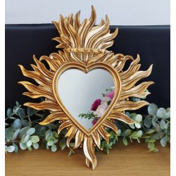 Miroir ex voto coeur flamboyant doré