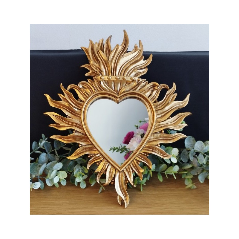 Miroir ex voto coeur flamboyant doré