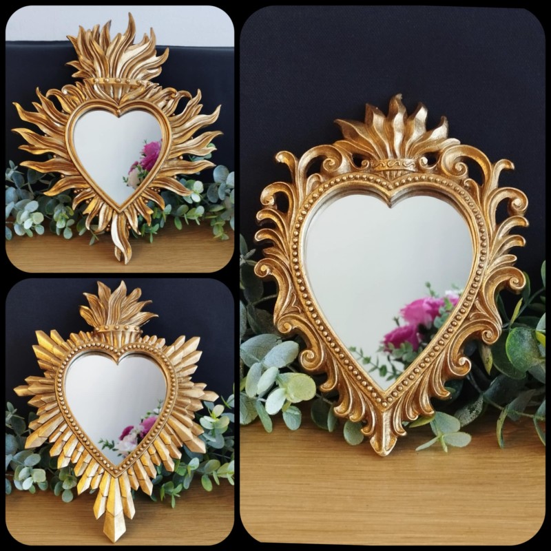 Ensemble de 3 miroirs ex votos coeurs doré