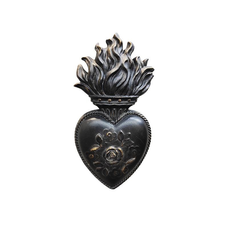 Décoration murale ex voto coeur noir mat patiné doré