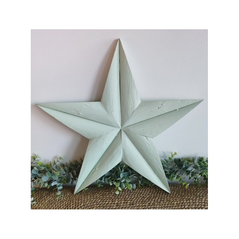 Décoration murale étoile de grange 47cm en bois massif recyclé vert tilleul mat